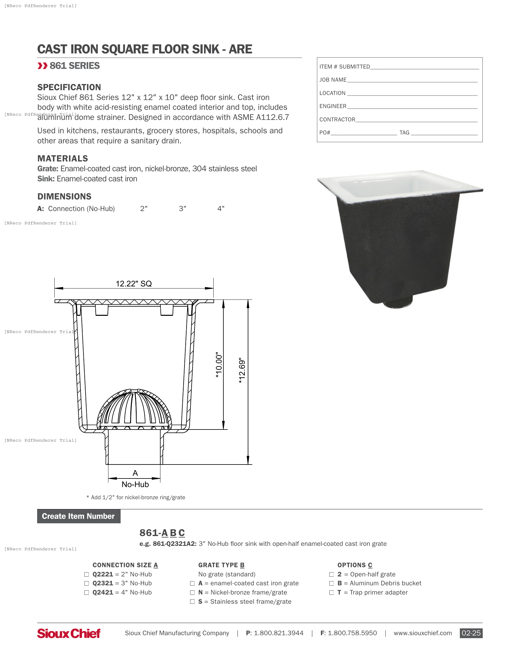 861-Q SERIES - 12X12X10 FLOOR SINK - SPEC SHEET.PDF Specification Document